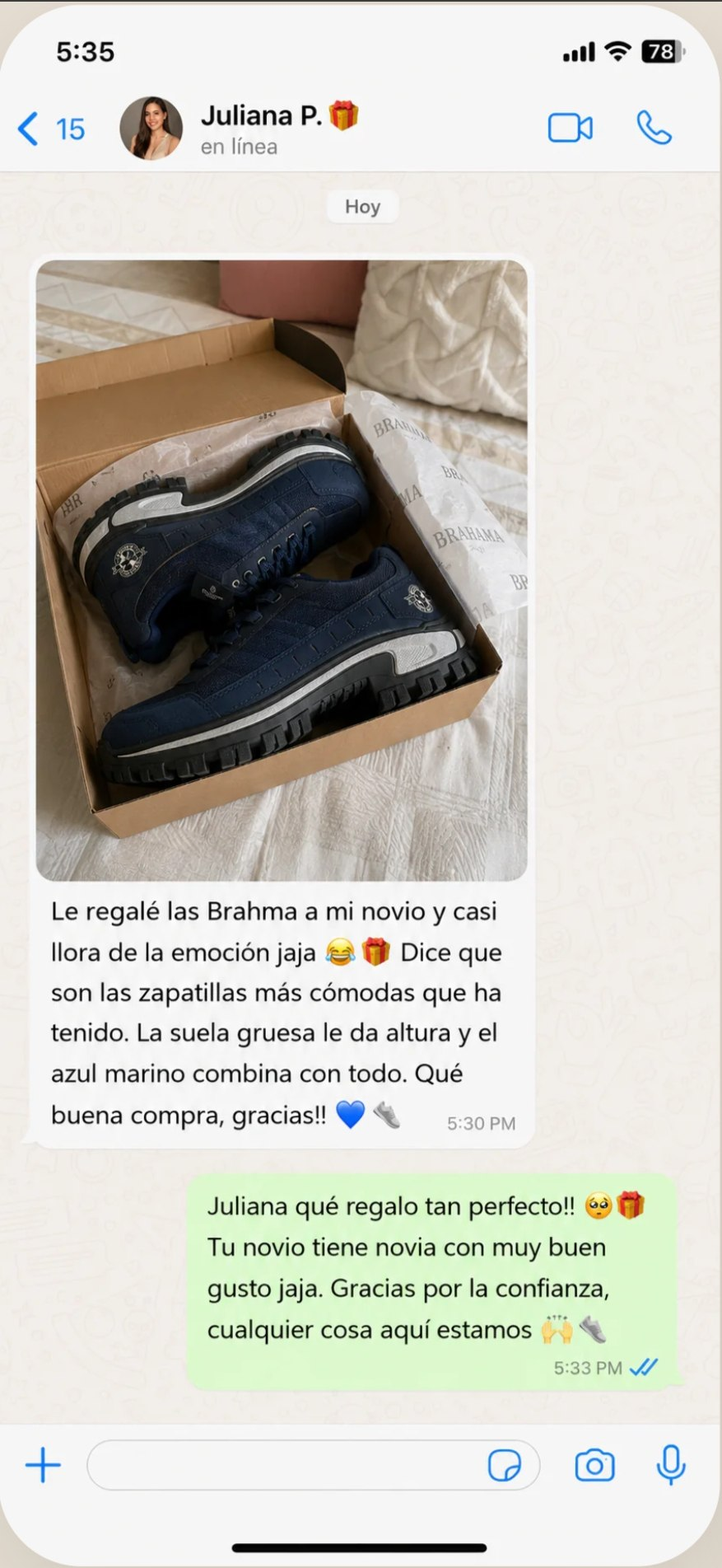 Mensaje de WhatsApp real de Juliana P. desde Bogotá